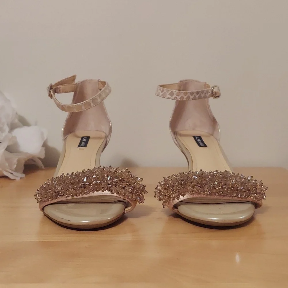 Alex Marie Champagne Beaded Animal Print Leather Ankle Strap Heels Size 6.5 - Picture 2 of 16
